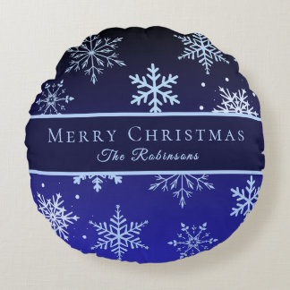 Modern Blue Snowflakes Round Cushion
