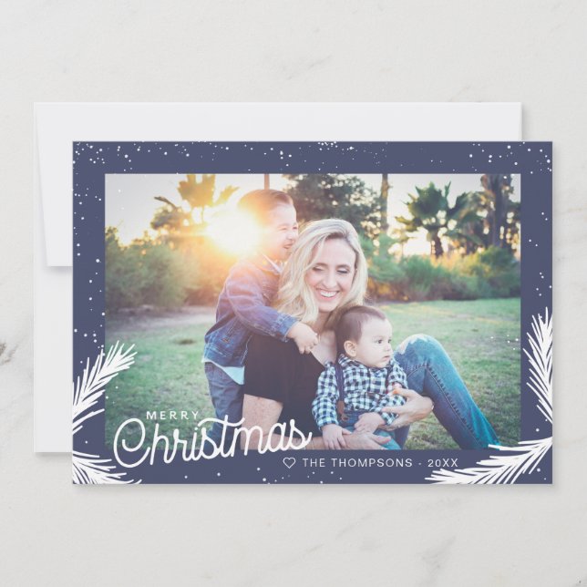 Modern Blue Snowy Pine Needle Typography Photo Holiday Card (Front)