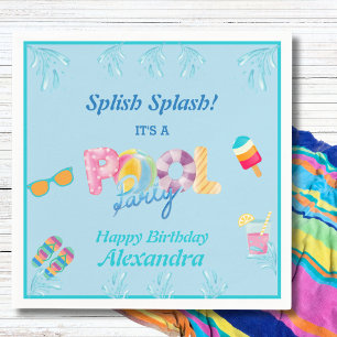 Modern Blue Splish Splash Kids Pool Party Napkin