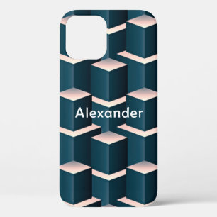 Modern Blue Square Geometric Pattern Personalise iPhone 12 Case