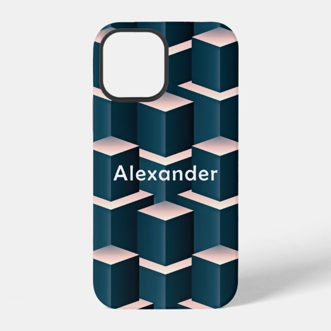 Modern Blue Square Geometric Pattern Personalise iPhone Case (Back)