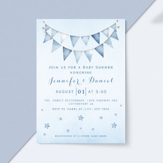 Modern Blue Starry Sky Baby Shower Pennant Bunting Invitation