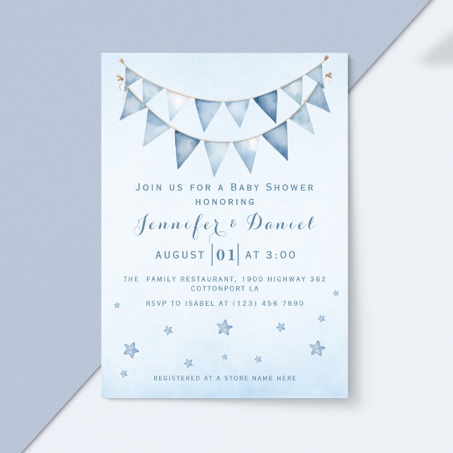 Modern Blue Starry Sky Baby Shower Pennant Bunting Invitation (Creator Uploaded)