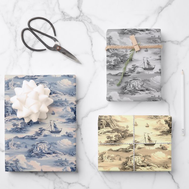 Modern Blue Stom Ocean Sea Toile de Jouy Pattern Wrapping Paper Sheet (Front)