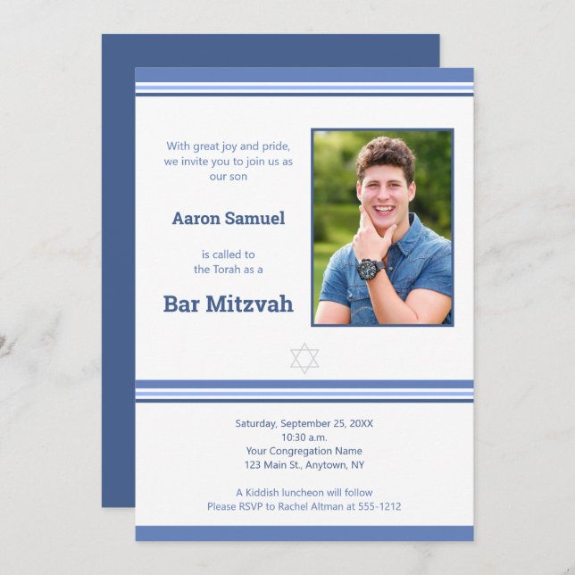 Modern Blue Stripe Bar Mitzvah Photo Invitation (Front/Back)