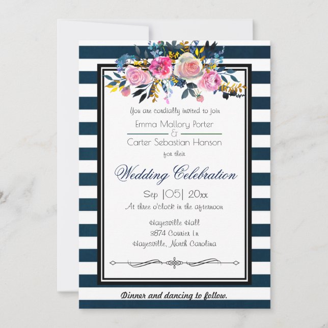 Modern Blue Stripe Floral Wedding Invitation (Front)