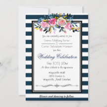 Modern Blue Stripe Floral Wedding Invitation