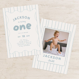Modern Blue Stripe Fun Boy's Photo 1st Birthday Invitation