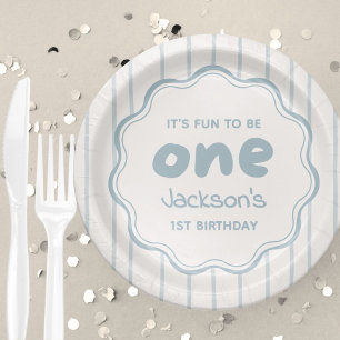Modern Blue Stripe Fun to Be One Boy 1st Birthday Paper Plate