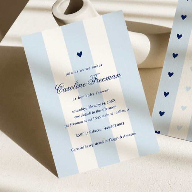 Modern Blue Stripe Heart Valentine Baby Shower Invitation (Creator Uploaded)