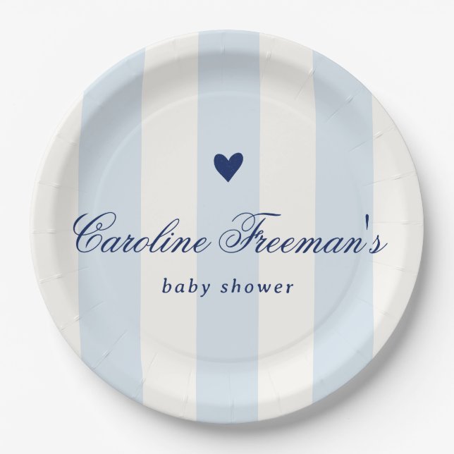 Modern Blue Stripe Heart Valentine Baby Shower Paper Plate (Front)
