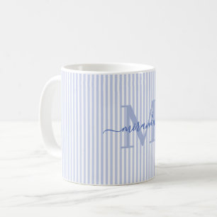 Modern Blue Stripe Monogram Name Coffee Mug