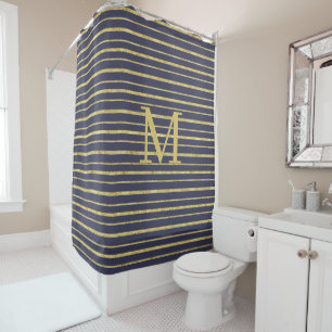 Modern Blue Striped Monogrammed  Shower Curtain