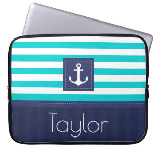 Modern Blue Striped Nautical Pattern Custom Text Laptop Sleeve