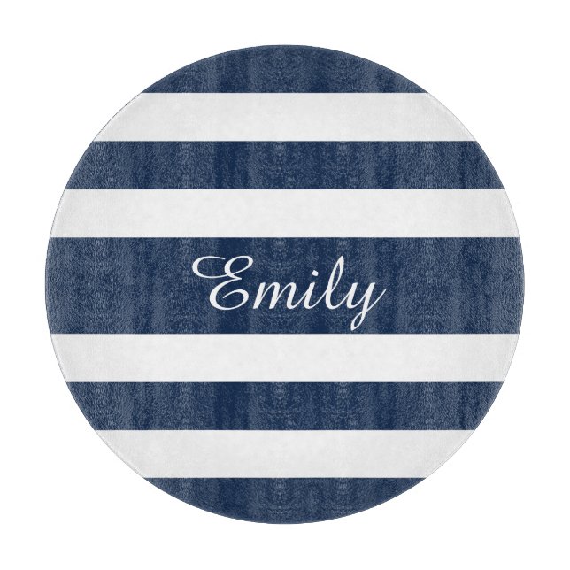 Modern Blue Striped Pattern Name Cutting Board (Front)