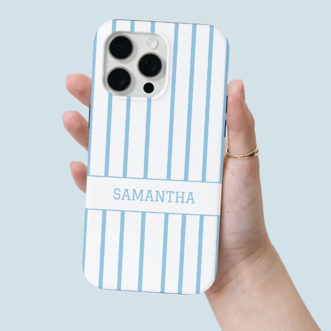 Modern Blue Striped Personalised Name Chic White Case-Mate iPhone Case (Modern Blue Striped Personalized Name Chic White Case-Mate iPhone Case)