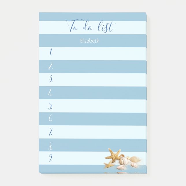 Modern  Blue Striped,Seashells,To Do List Post-it Notes (Front)