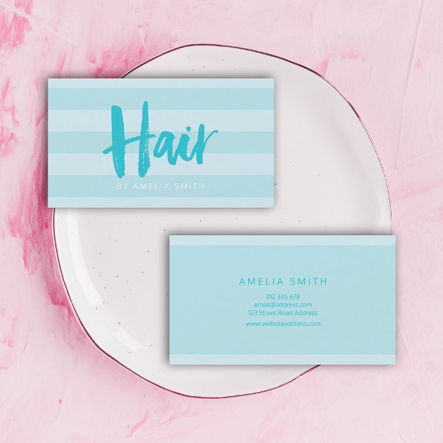 Modern Blue Stripes Brush Script Hair Stylist Business Card (Creator Uploaded)