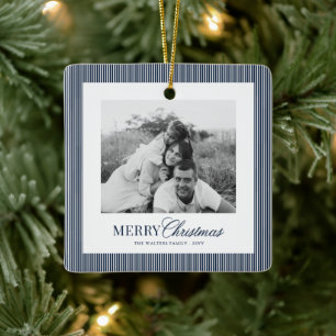 Modern Blue Stripes Christmas Family 2 Photos Ceramic Ornament