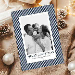 Modern Blue Stripes Christmas Family 4 Photos Holiday Card
