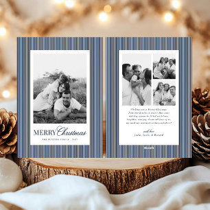 Modern Blue Stripes Christmas Family 4 Photos Holiday Card