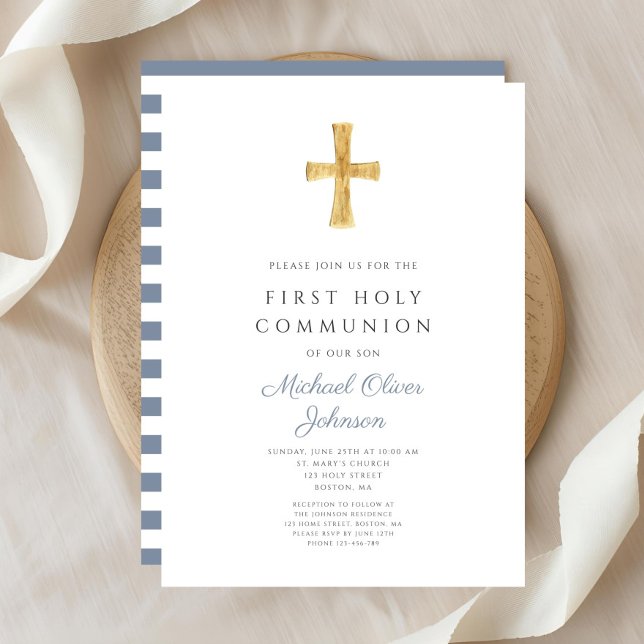 Modern Blue Stripes Cross Boy First Communion Invitation (Modern Blue Stripes Cross Boy First Communion Invitation )