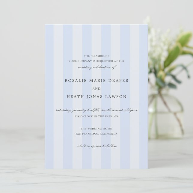 Modern Blue Stripes Elegant Wedding Invitation (Standing Front)