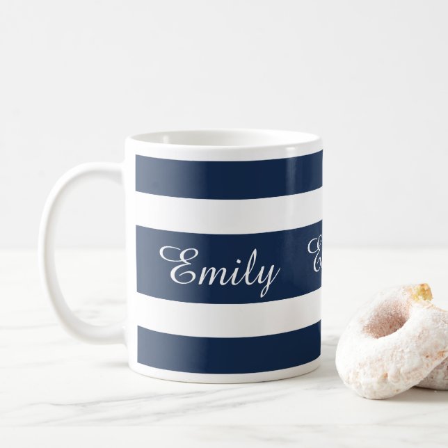 Modern Blue Stripes Name Coffee Mug (With Donut)