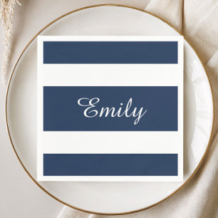 Modern Blue Stripes Pattern Name Napkin