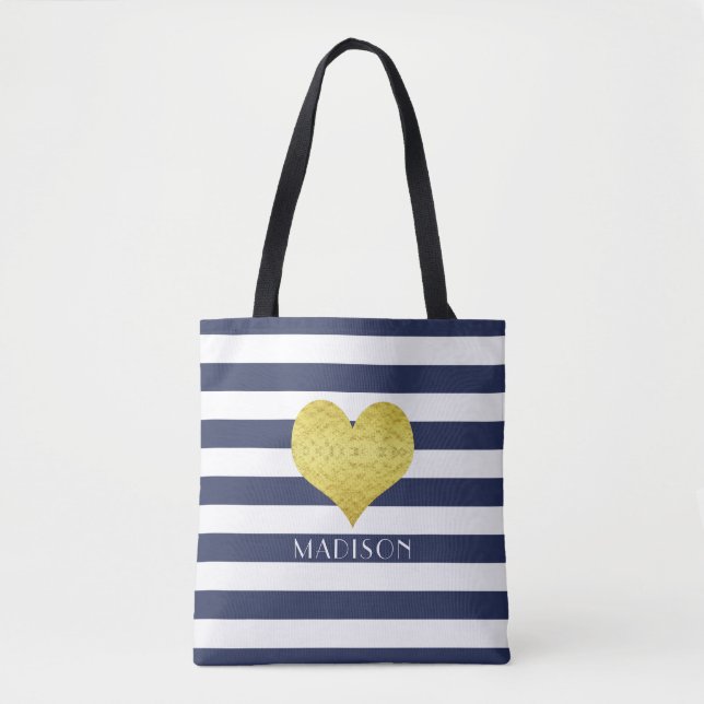 Modern Blue Stripes Pattern Name Tote Bag (Front)