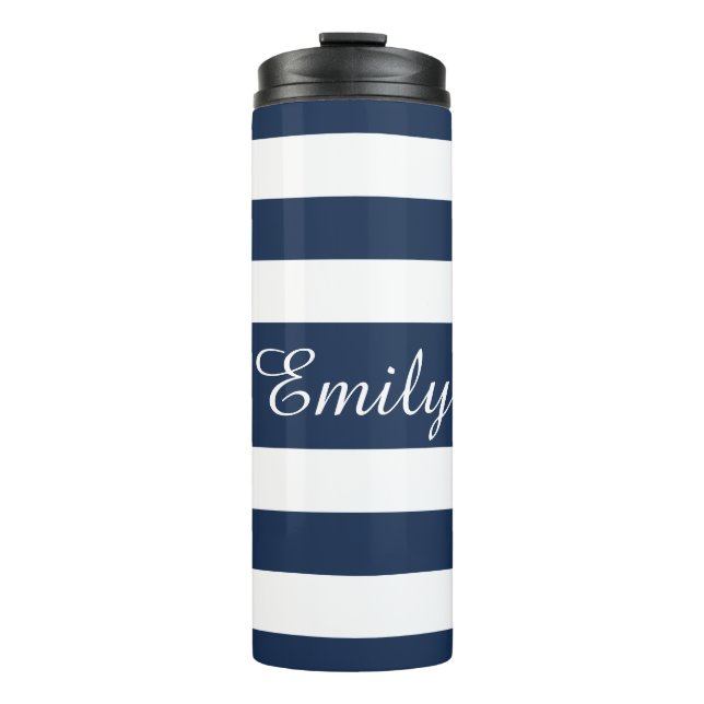 Modern Blue Stripes Script Thermal Tumbler (Front)