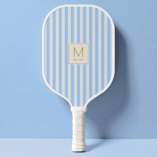Modern Blue Stripes Simple Gold Initial Monogram Pickleball Paddle
