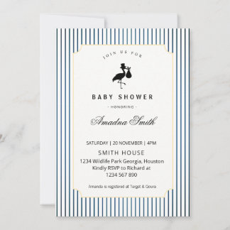 Modern Blue Stripes Stork Silhouette Baby Shower Invitation