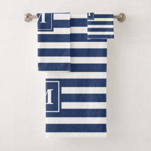 Modern Blue Stripes with Monogram Bath Towel Set
