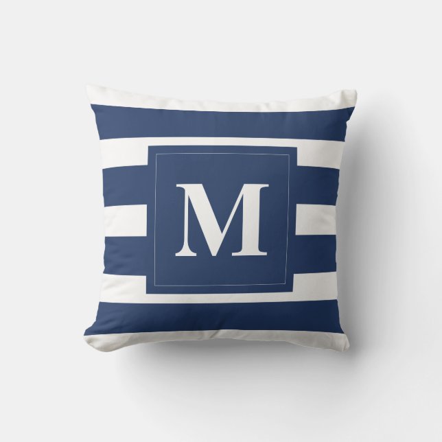 Modern Blue Stripes with Monogram Throw Pillow (Front)