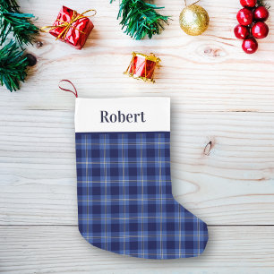 Modern Blue Tartan Plaid Pattern with Name Small Christmas Stocking