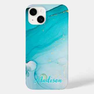 Modern Blue Teal Abstract Personalised Case-Mate iPhone 14 Case