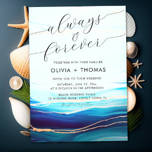 Modern Blue Teal Ocean Wave Always Forever Wedding Invitation