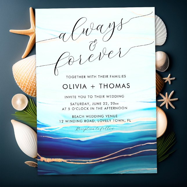 Modern Blue Teal Ocean Wave Always Forever Wedding Invitation (Creator Uploaded)
