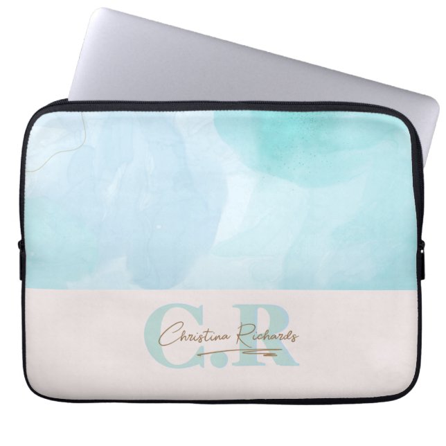 Modern Blue Teal Watercolor Laptop Sleeve (Front)