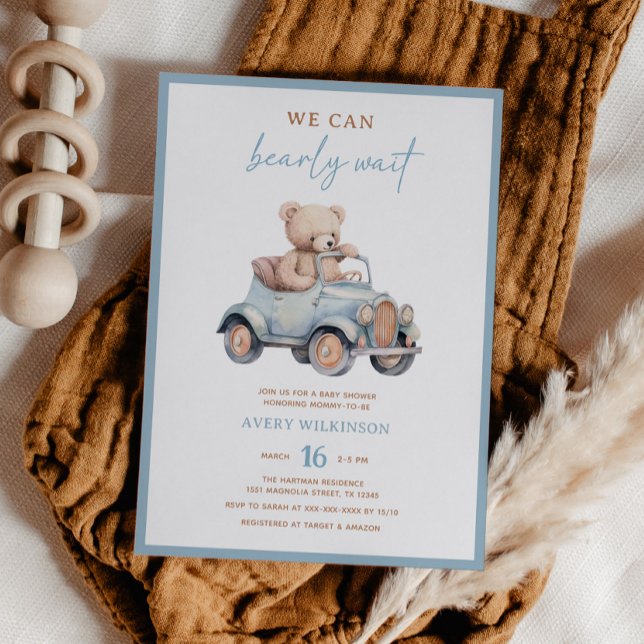 Modern Blue Teddy Bear Boy Baby Shower Invitation (Creator Uploaded)