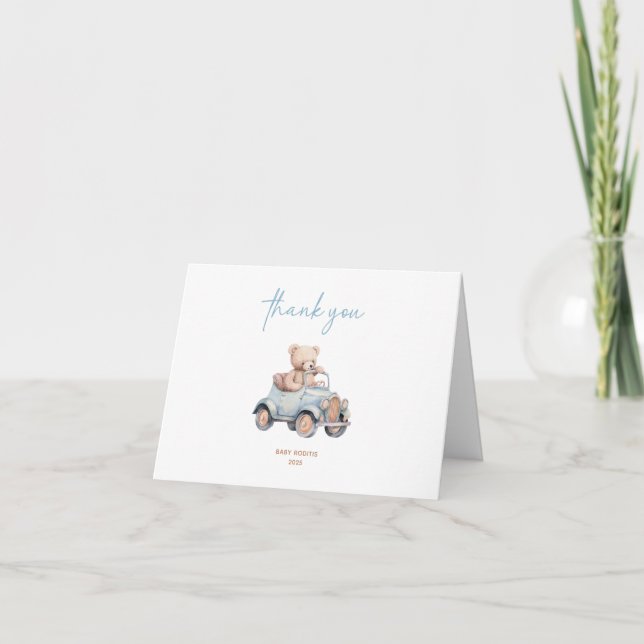 Modern Blue Teddy Bear Boy Baby Shower Thank You Card (Front)
