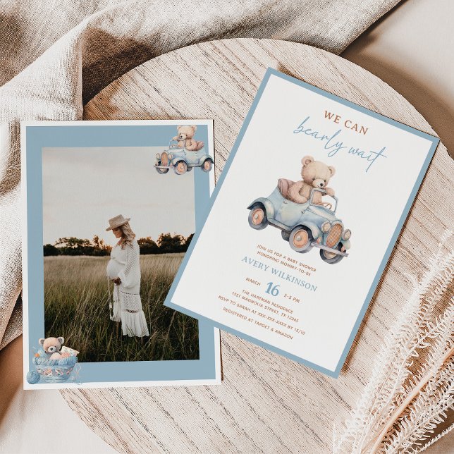 Modern Blue Teddy Bear Photo Boy Baby Shower Invitation (Creator Uploaded)