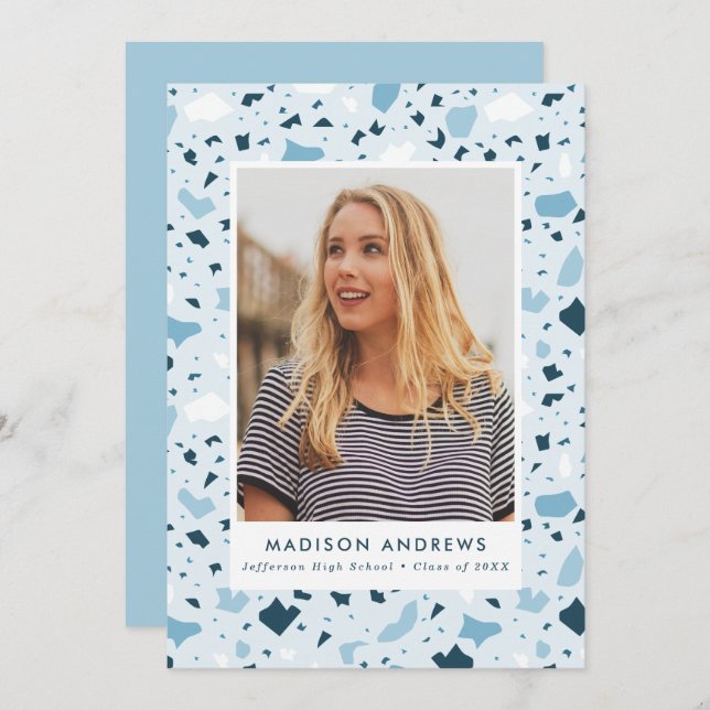 Modern Blue Terrazzo Photo Graduation Party Invitation (Front/Back)