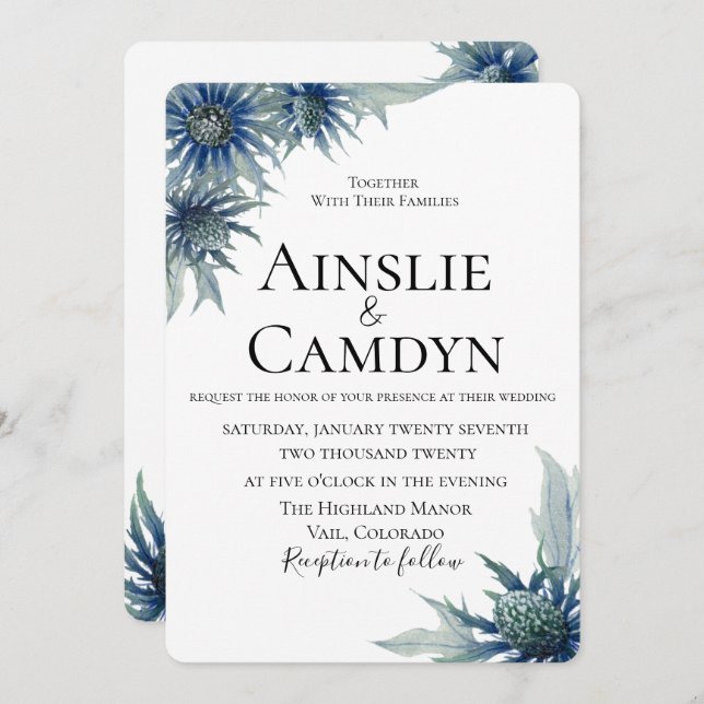 Modern Blue Thistle Wedding Invitation (Front/Back)