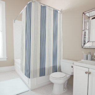 Modern Blue Ticking Stripe Linen Texture Shower Curtain