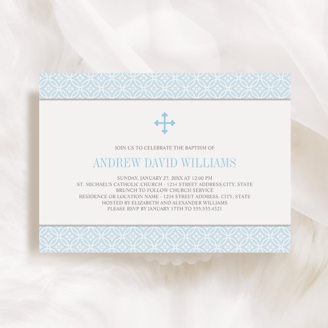 Modern Blue Tile Pattern Cross Boy Baptism Invitation (Creator Uploaded)