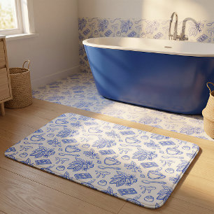 Modern Blue Toile Cacao and Chocolate Pattern Bath Mat