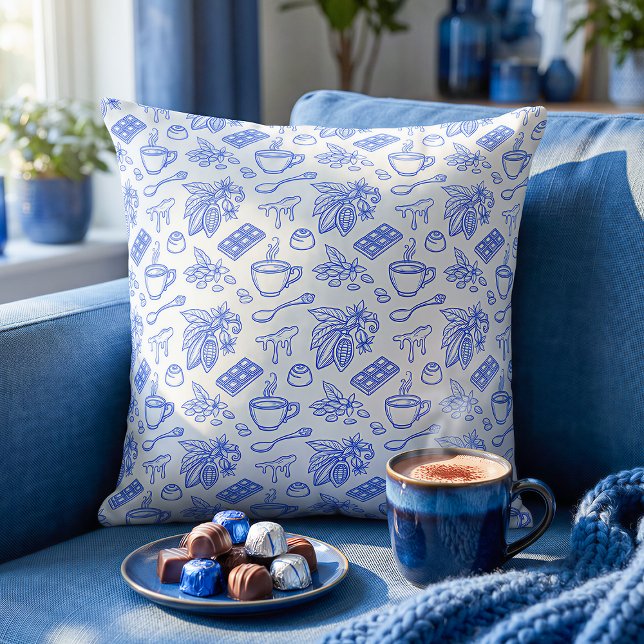 Modern Blue Toile Cacao and Chocolate Pattern Cushion (Creator Uploaded)