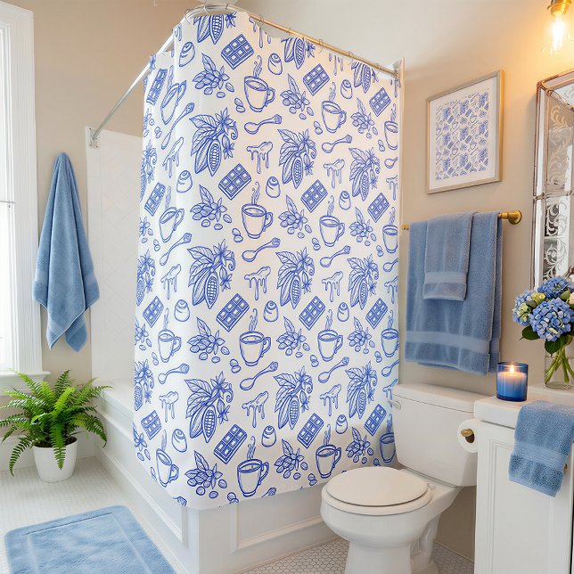 Modern Blue Toile Cacao and Chocolate Pattern Shower Curtain (Creator Uploaded)